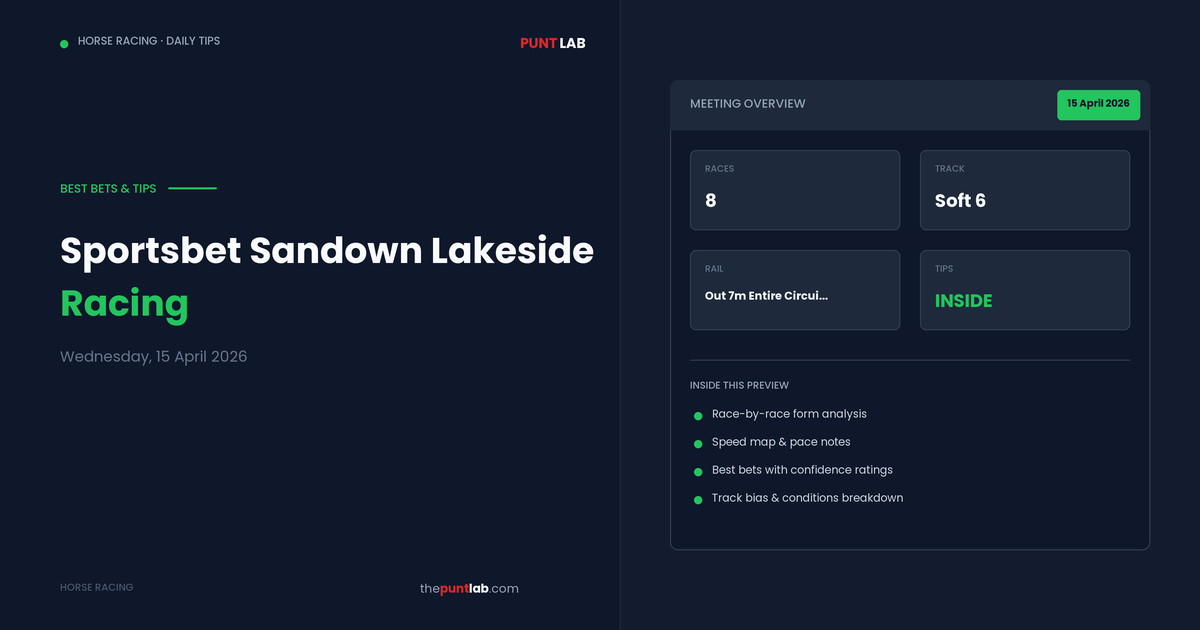 PuntLab Sportsbet Sandown Lakeside racing tips and best bets — Sportsbet Sandown Lakeside form guide Wednesday, 15 April 2026